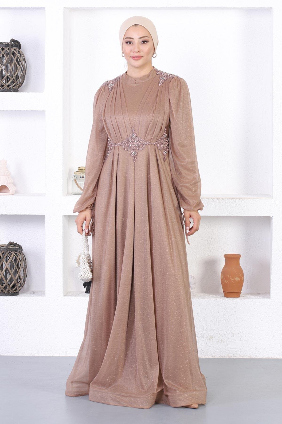 Vizon Dantelli Simli İncili Tesettür Abiye Elbise - Modamihram