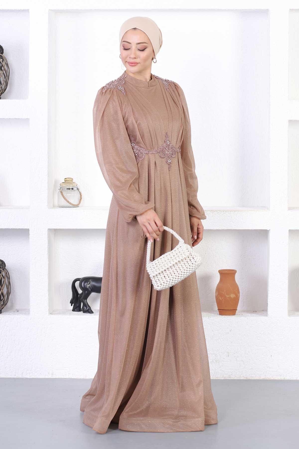 Modest Shimmering Lacy Pearled Evening Dress - Mink - Modamihram