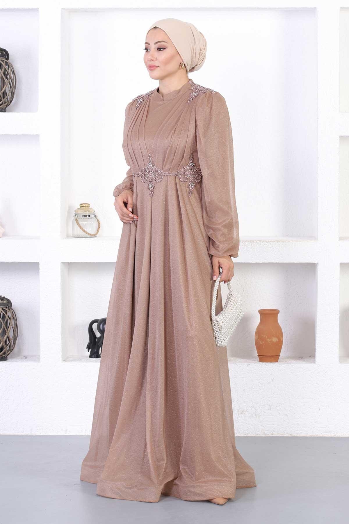 Modest Shimmering Lacy Pearled Evening Dress - Mink - Modamihram