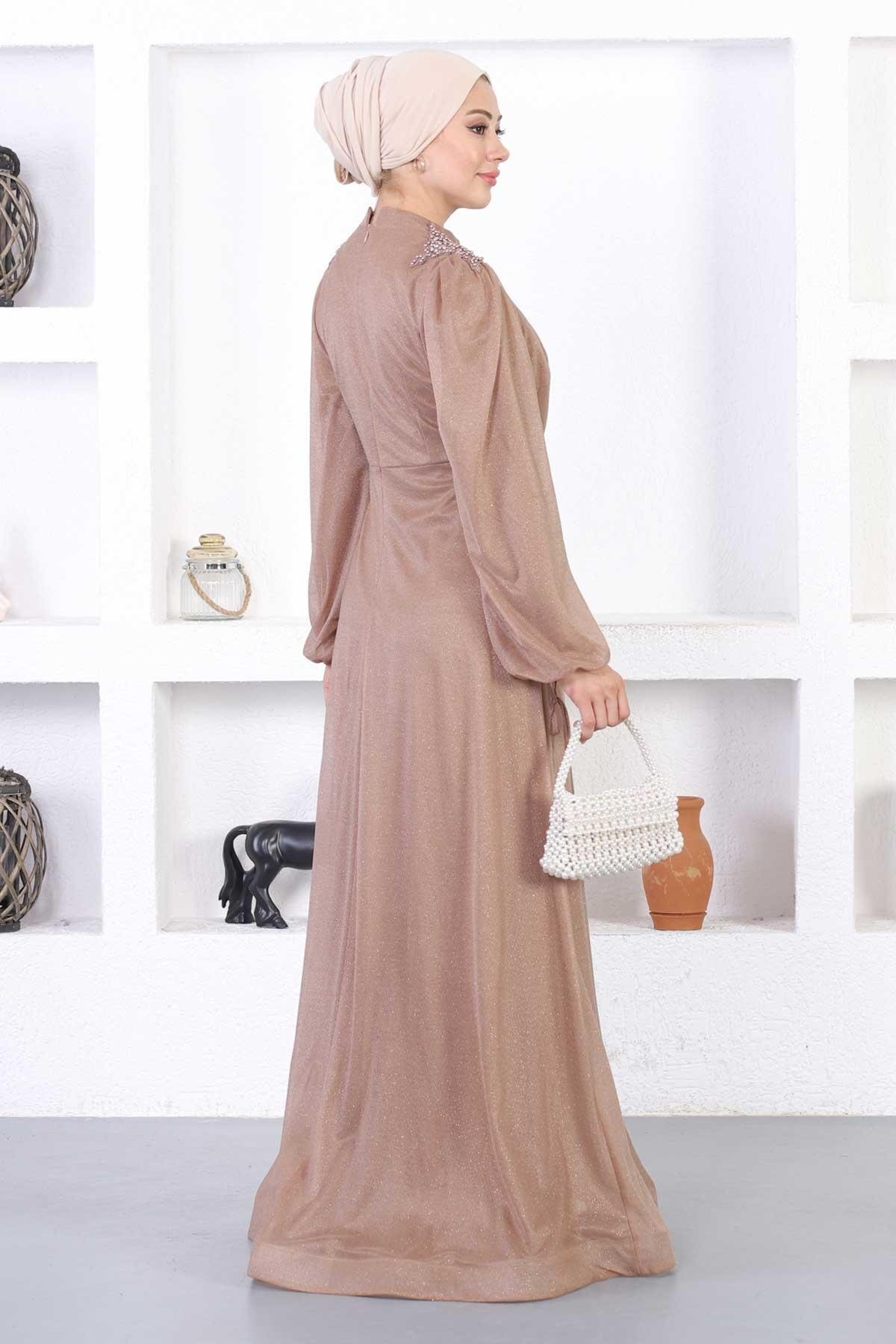 Modest Shimmering Lacy Pearled Evening Dress - Mink - Modamihram