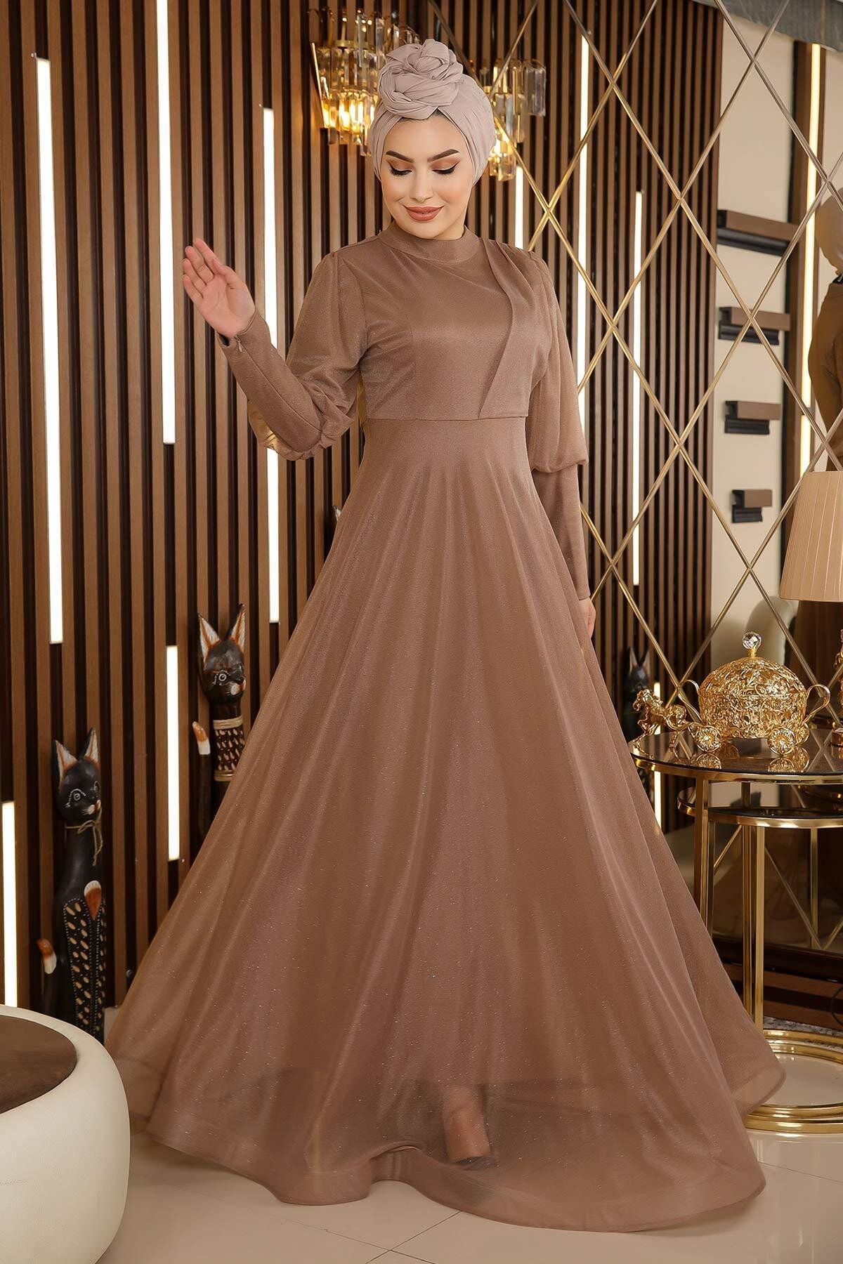 Vizon Simli Fermuar Detaylı Manşetli Tesettür Abiye Elbise - Modamihram