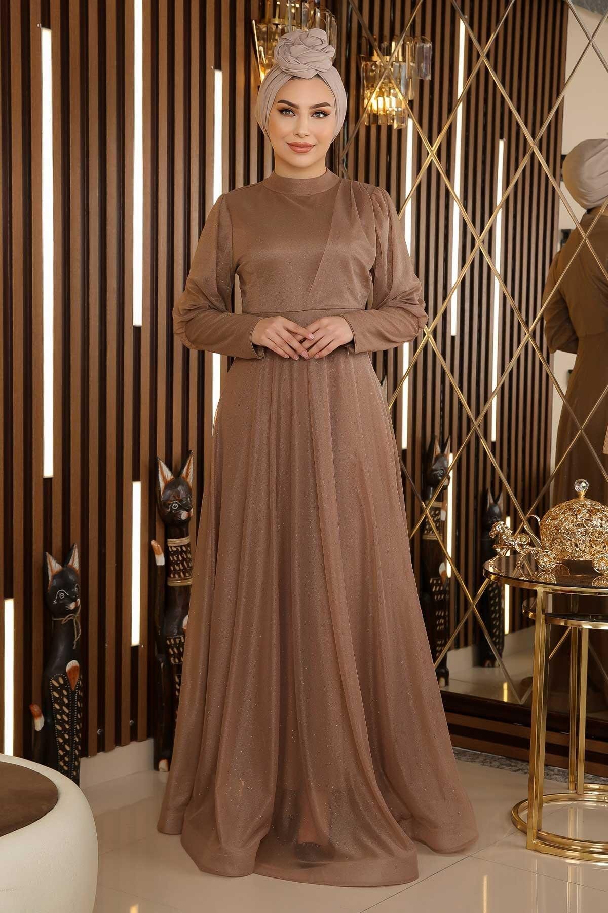 Shimmery Cuffed Zipper-Detail Modest Evening Dress - Taupe - Modamihram