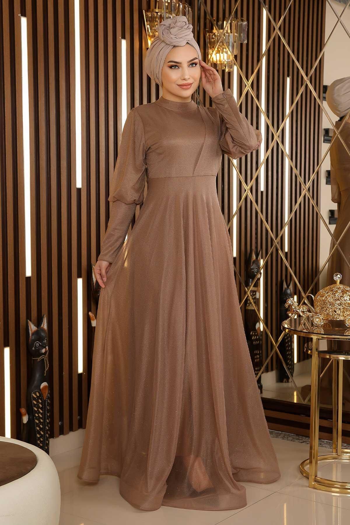 Shimmery Cuffed Zipper-Detail Modest Evening Dress - Taupe - Modamihram