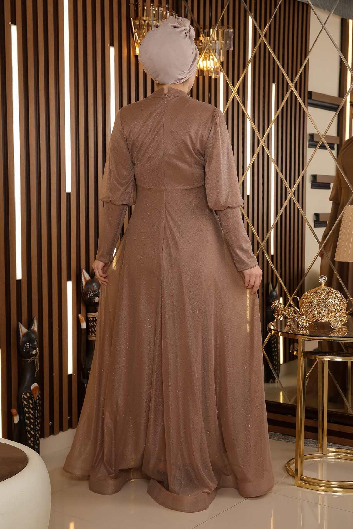 Shimmery Cuffed Zipper-Detail Modest Evening Dress - Taupe - Modamihram
