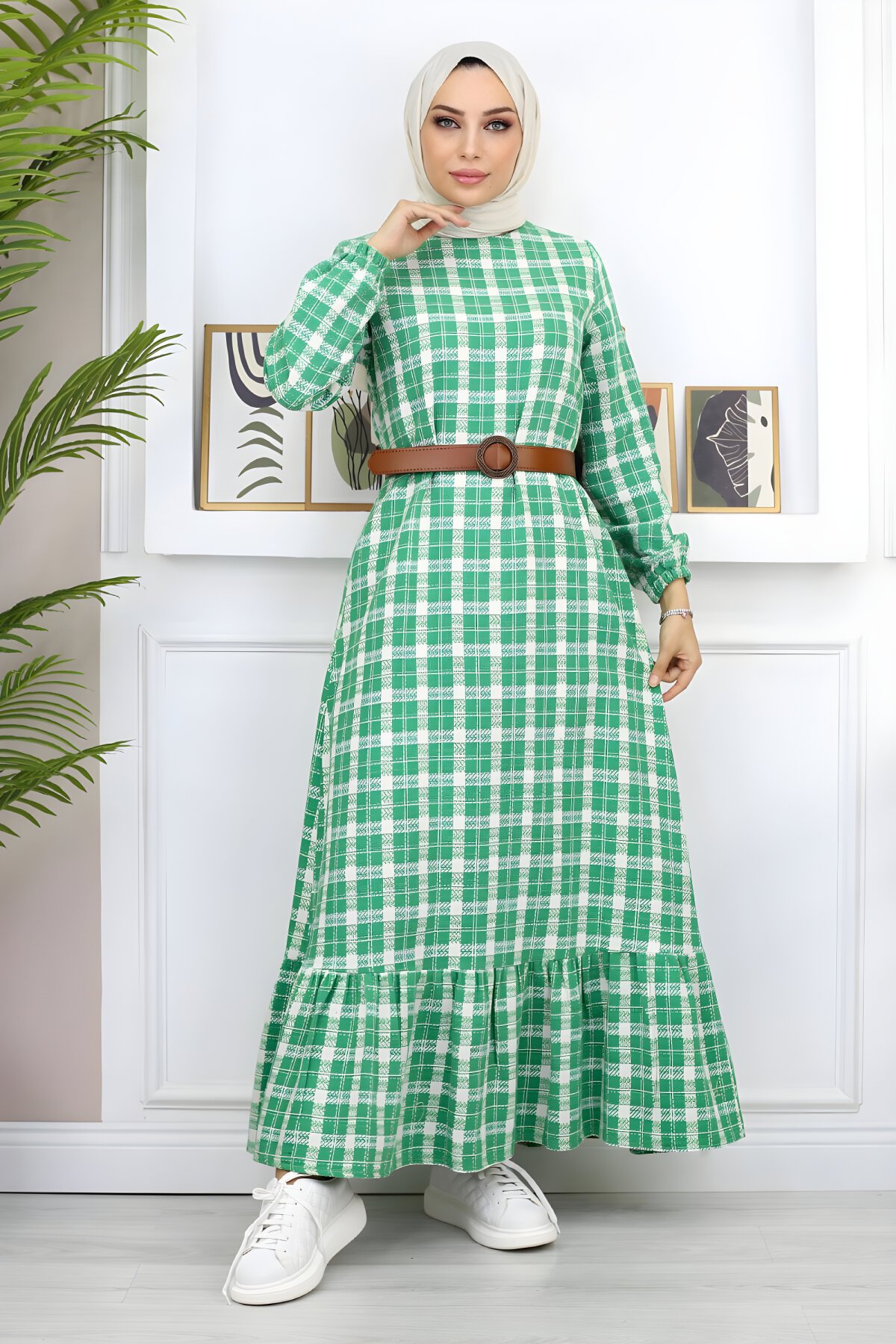 Modest Patterned Ruffled Dress - Green - Modamihram