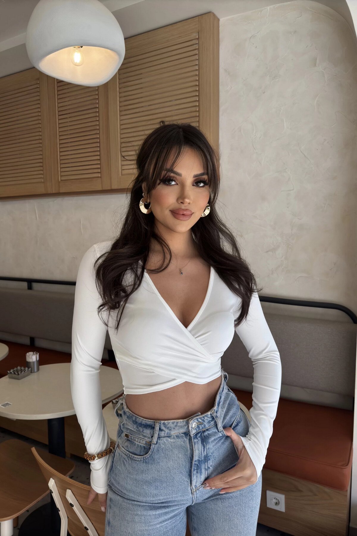 Basic Crop Wrap Collar Scuba Top - White - MOZENA