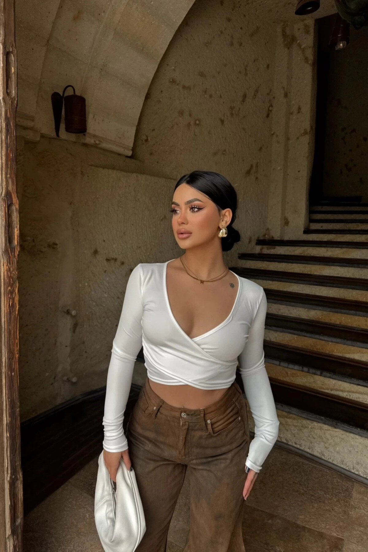 Crop Scuba Wrap Neck Blouse - White - MOZENA