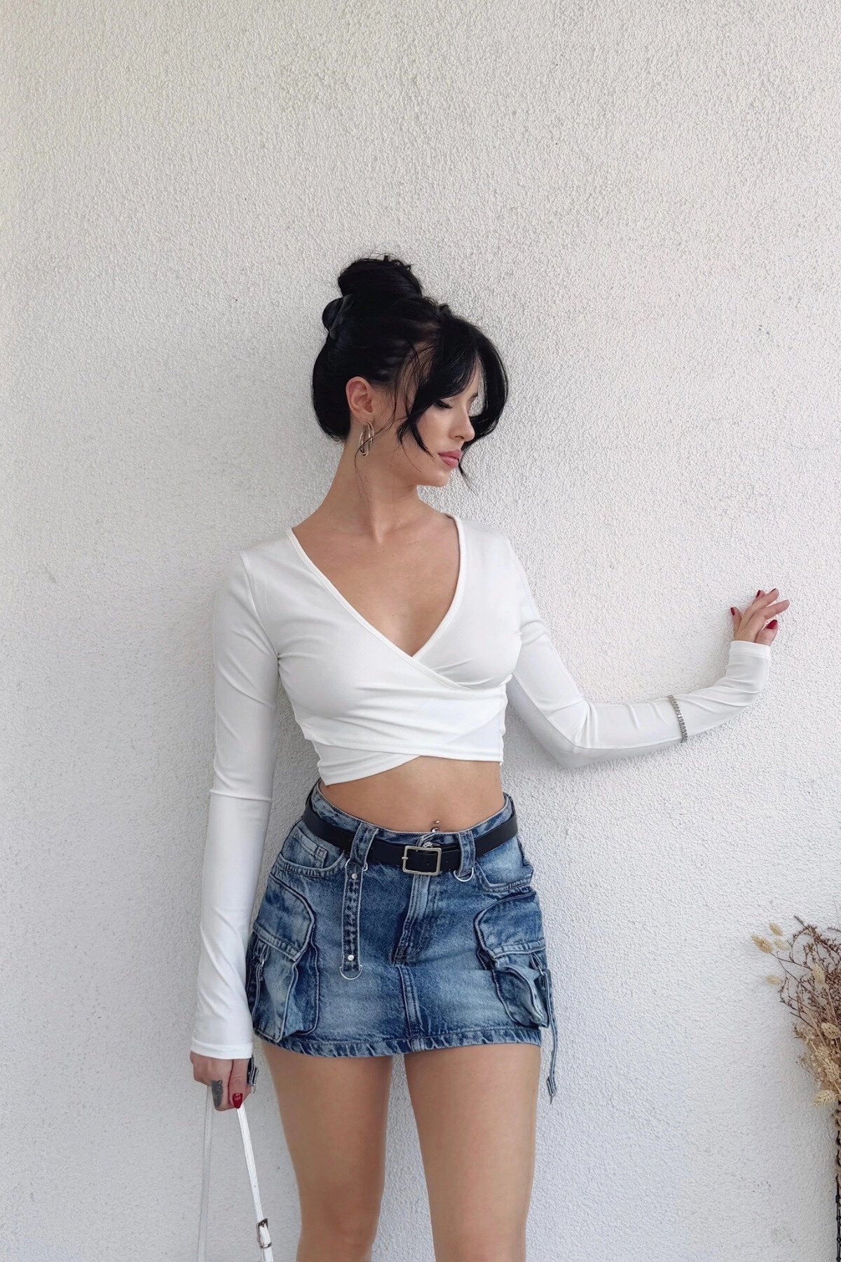 Basic Cropped Scuba Fabric Wrap Neck Crop Top - White - MOZENA