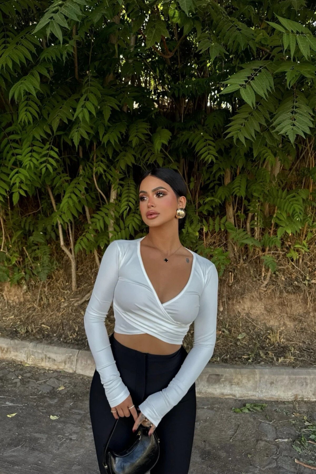 Cropped Scuba Wrap Neck Blouse - White - MOZENA