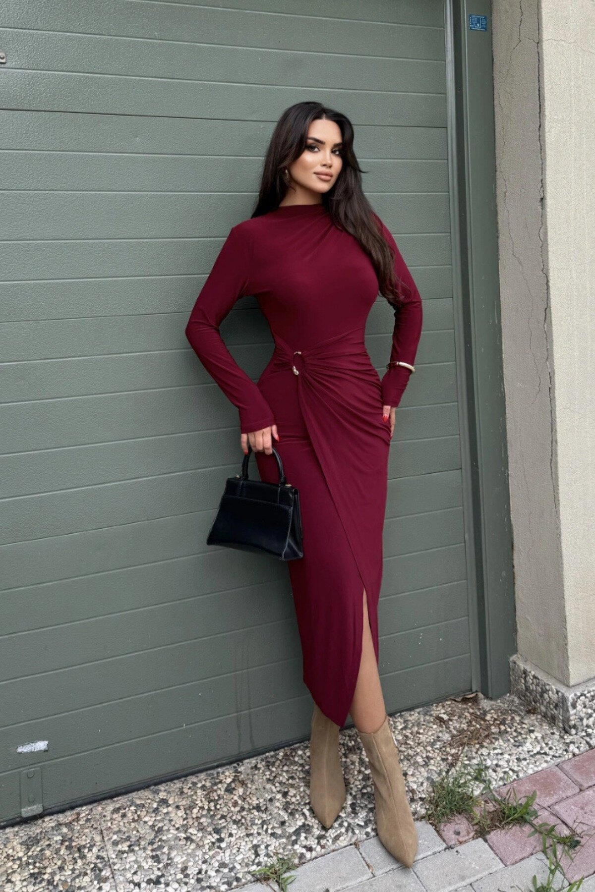 Midi Crew-Neck Waist-Accessory-Detail Dress - Burgundy - MOZENA