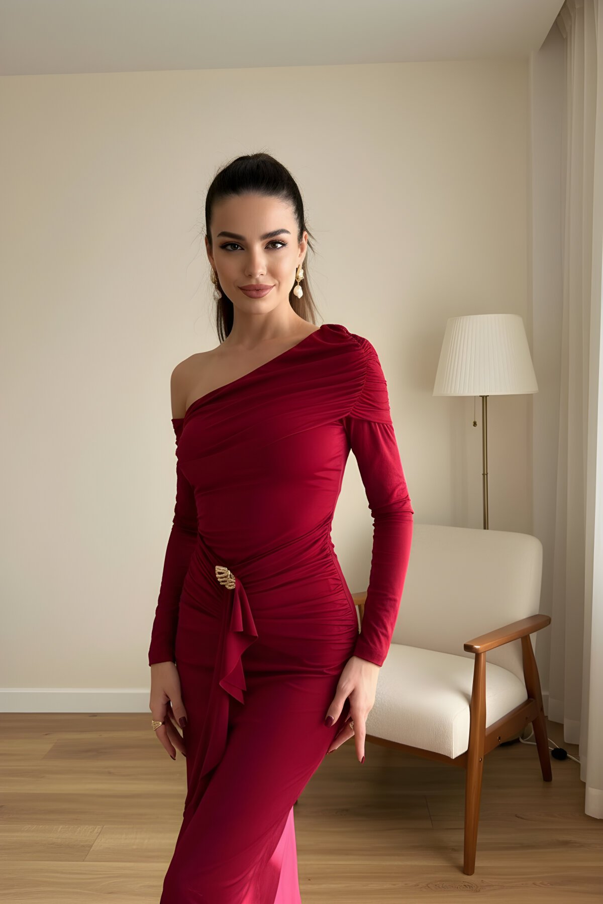 Midi One-Shoulder Accessory-Detailed Dress - Burgundy - MOZENA
