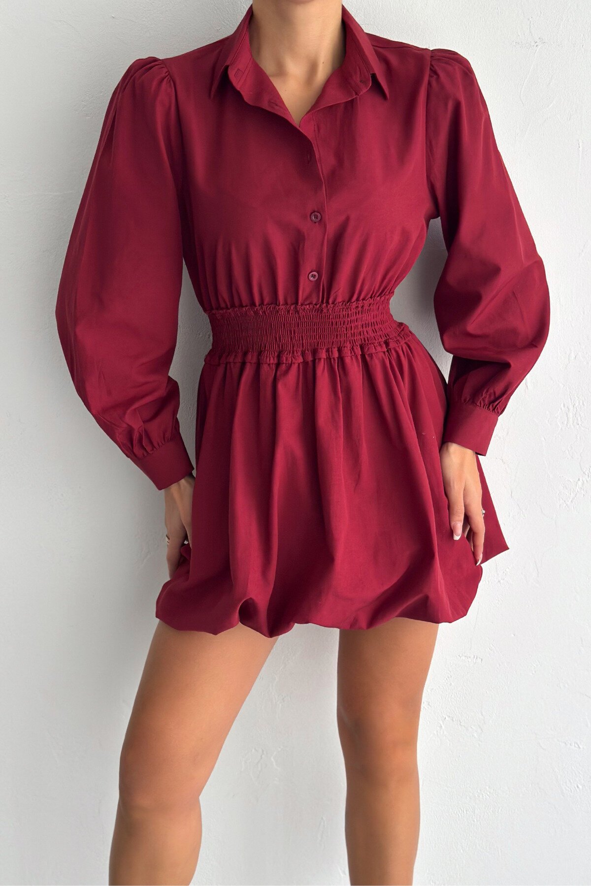 Mini Shirred Waist Balloon Skirt Shirt Dress - Burgundy - MOZENA