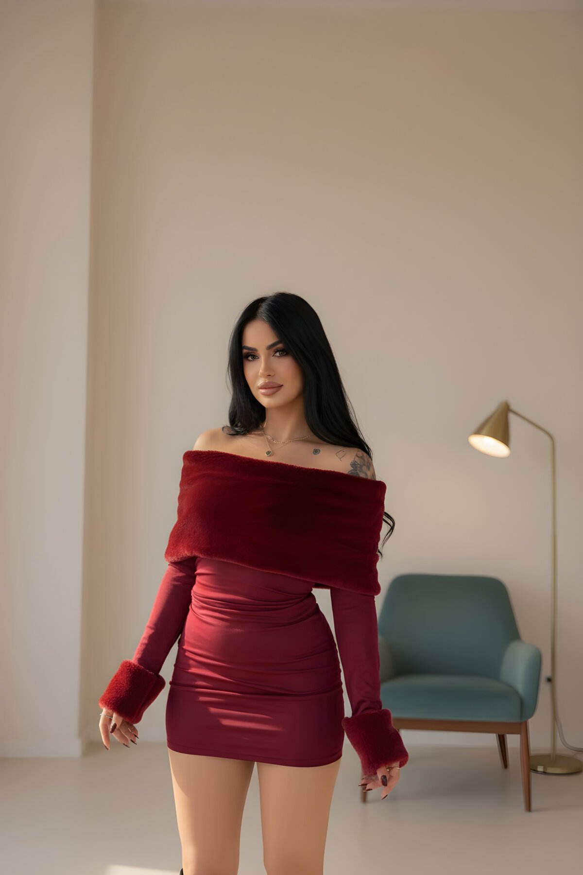 Mini Off-Shoulder Scuba Faux Fur Trim Dress - Burgundy - MOZENA