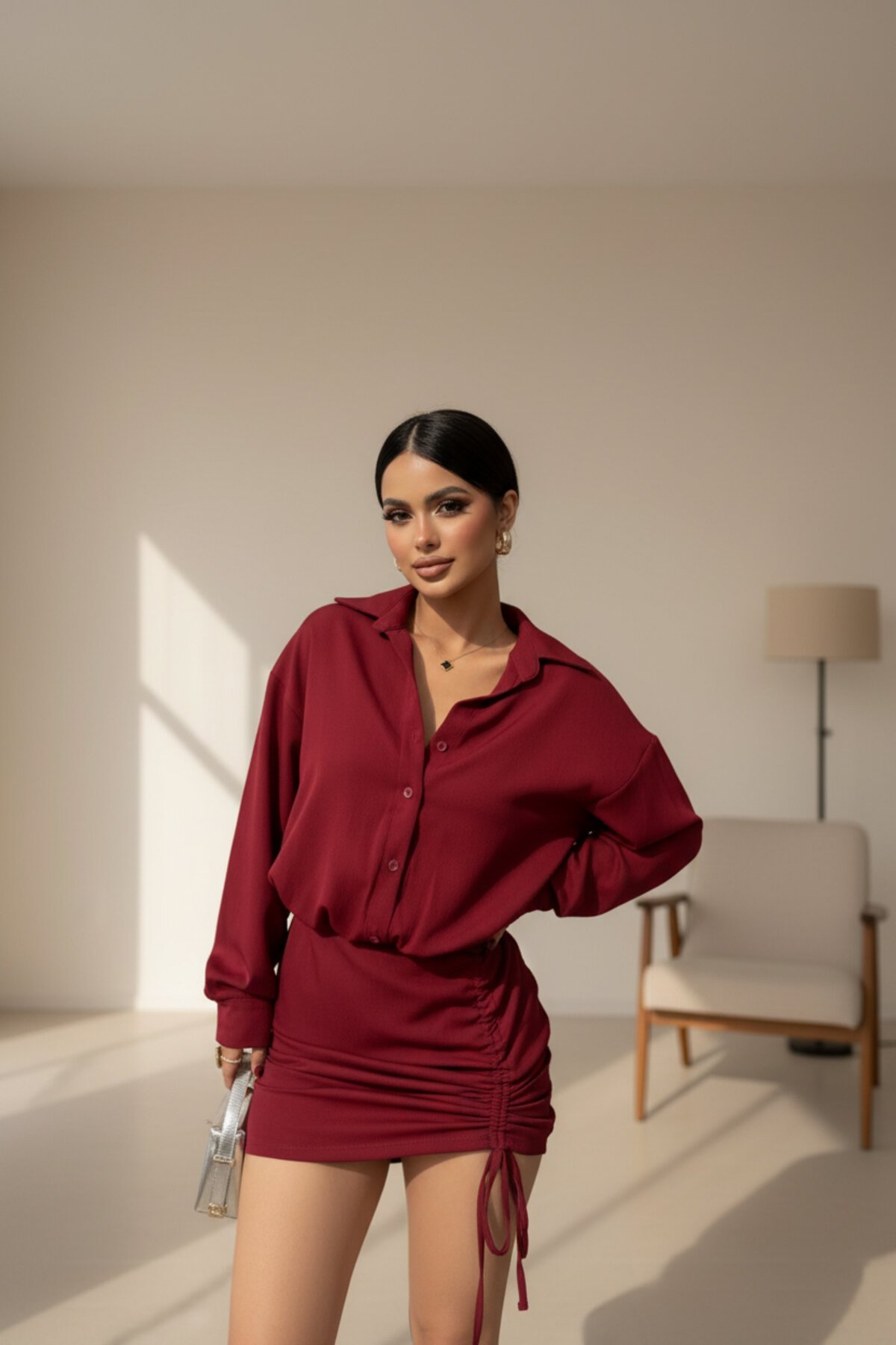 Bordo Mini Gömlek Eteği Büzgülü Elbise - MOZENA