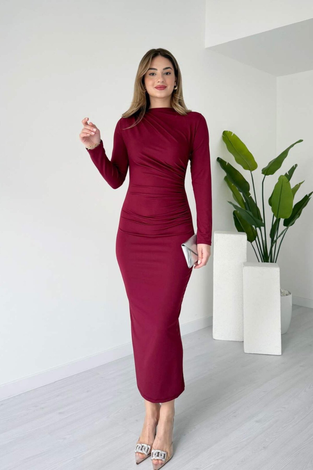 Long Scuba Fabric Draped Back-Slit Dress - Burgundy - MOZENA