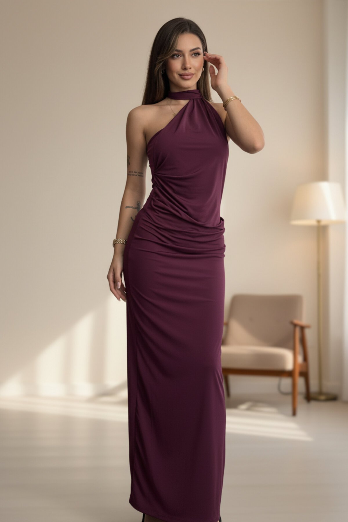 Long Draped Scarf-Detail Evening Dress - Burgundy - MOZENA