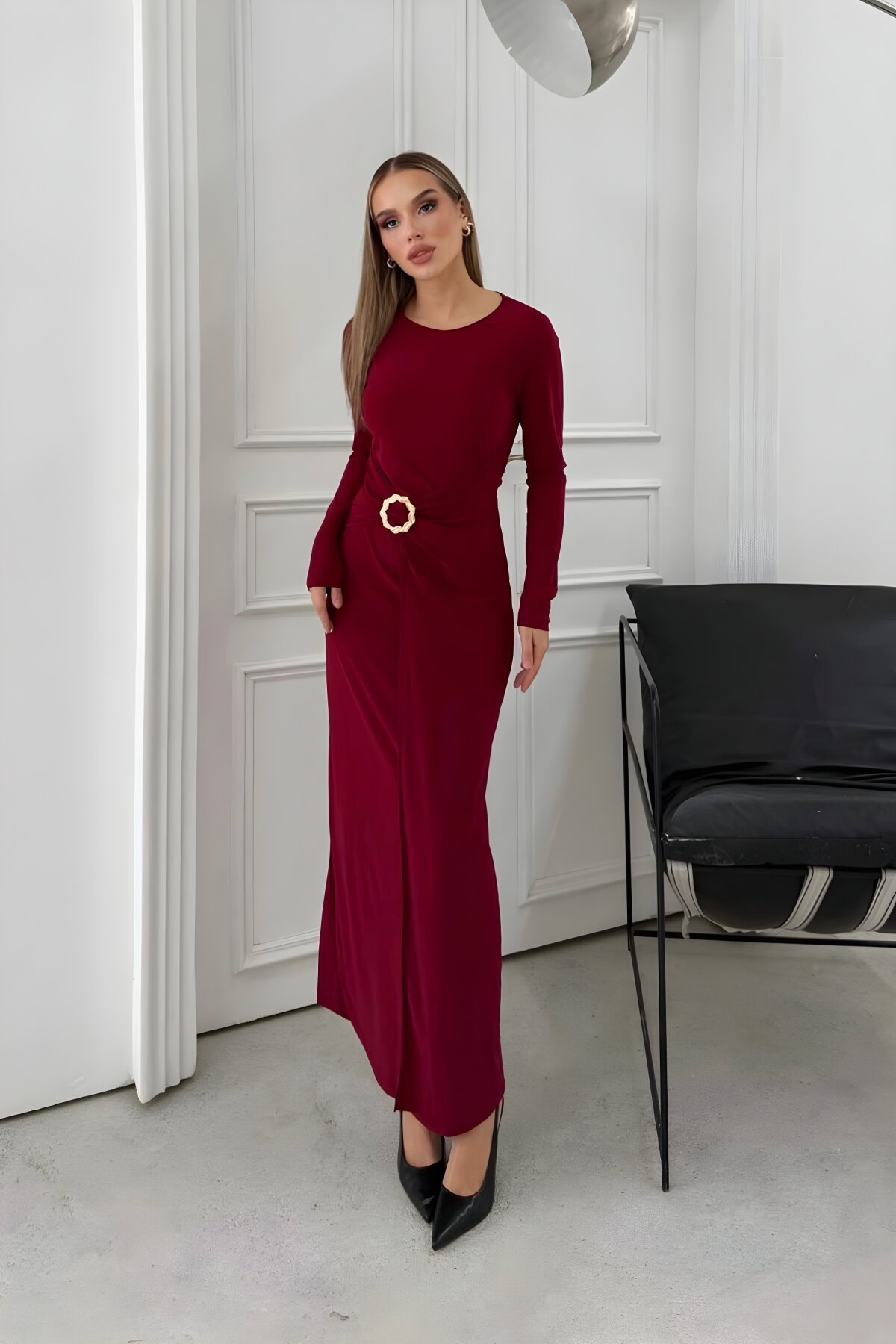Long Sandy Draped-Waist Accessory-Detail Dress - Burgundy - MOZENA