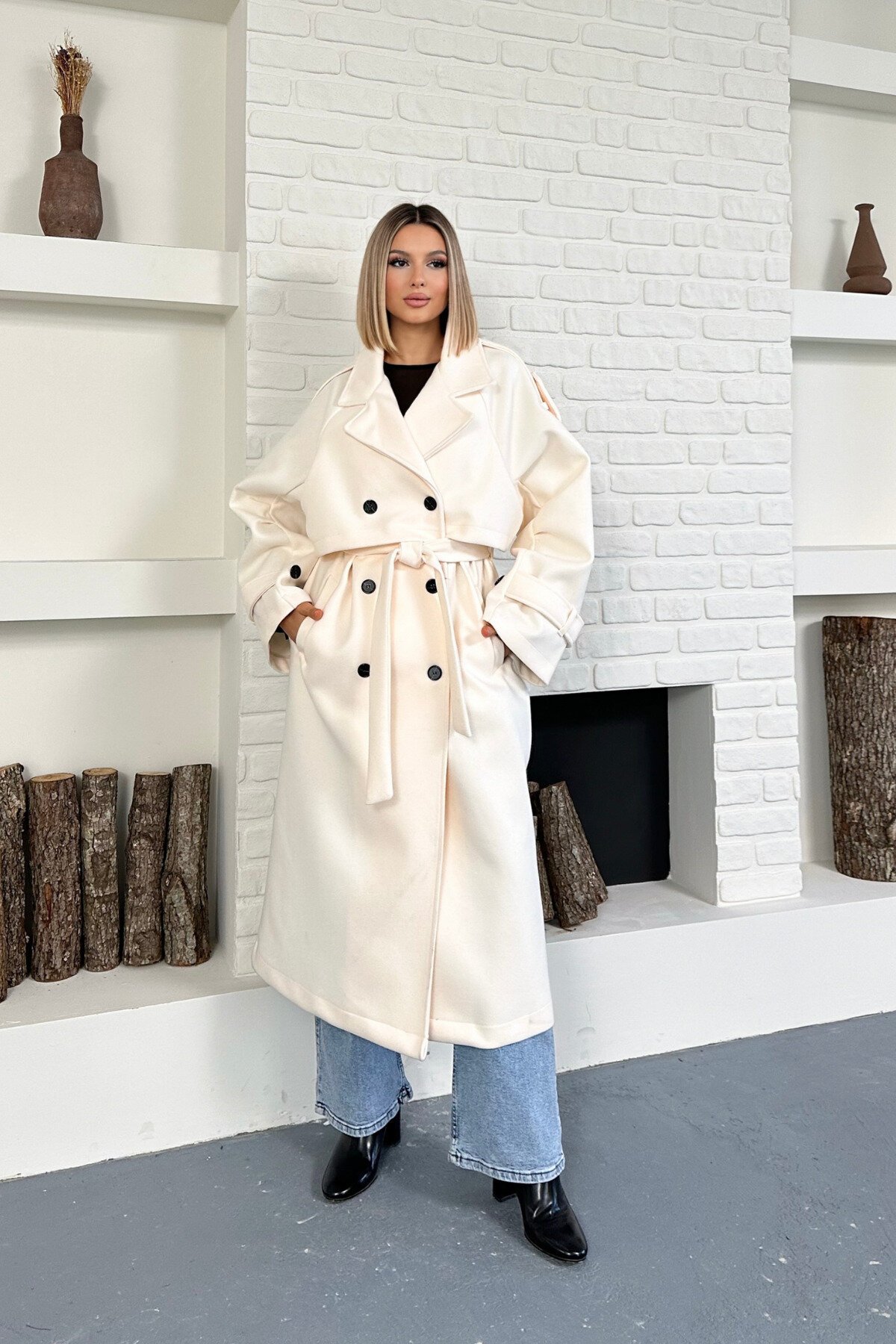 Premium Wool Blend Belted Winter Coat - Ecru - MOZENA
