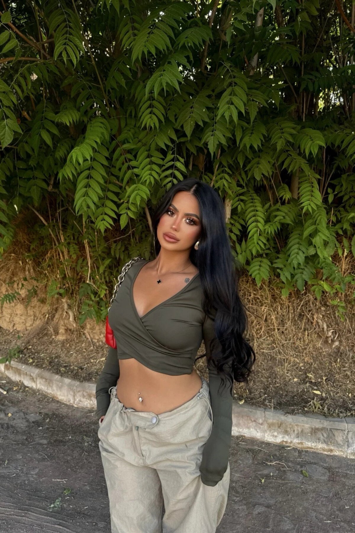 Cropped Scuba Wrap Neck Blouse - Khaki - MOZENA