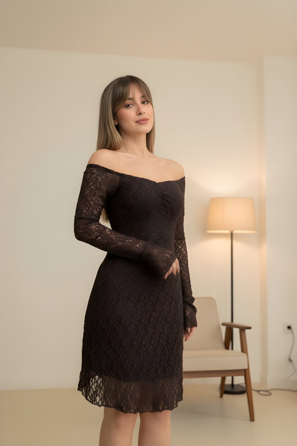 Mini Lace Strapless Lined Dress - Brown - MOZENA