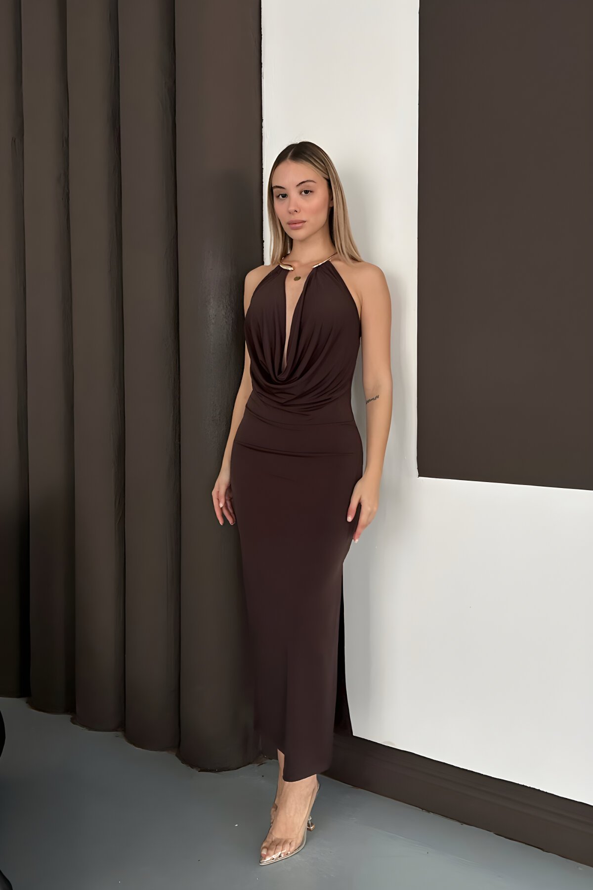 Long Cowl Neck Backless Side Slit Evening Dress - Brown - MOZENA