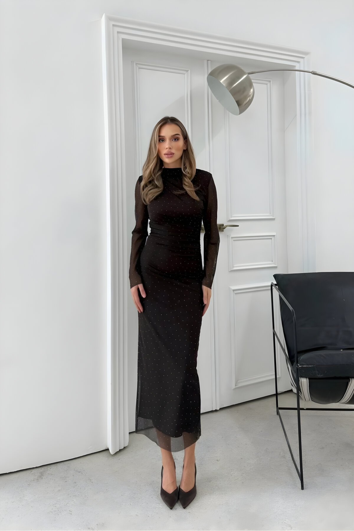 Long Tulle Draped Beaded Lined Dress - Brown - MOZENA