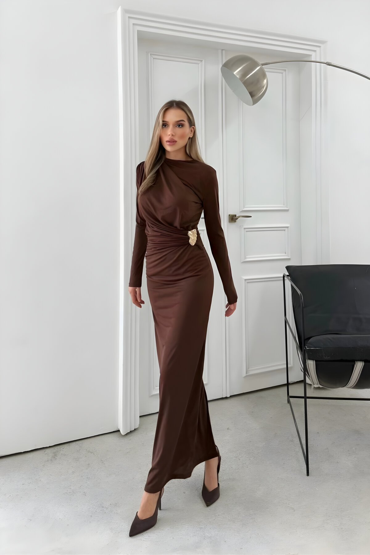 Long Sandy Draped Waist-Accessory Detail Evening Dress - Brown - MOZENA