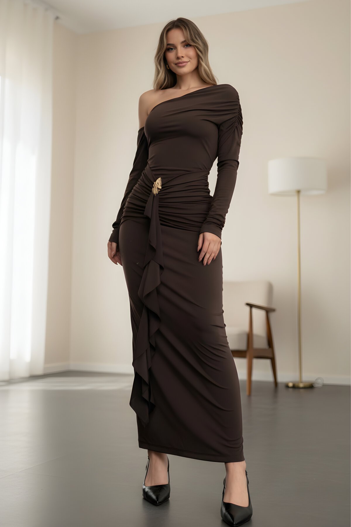 Long Designer One-Shoulder Buckle-Detail Evening Dress - Brown - MOZENA