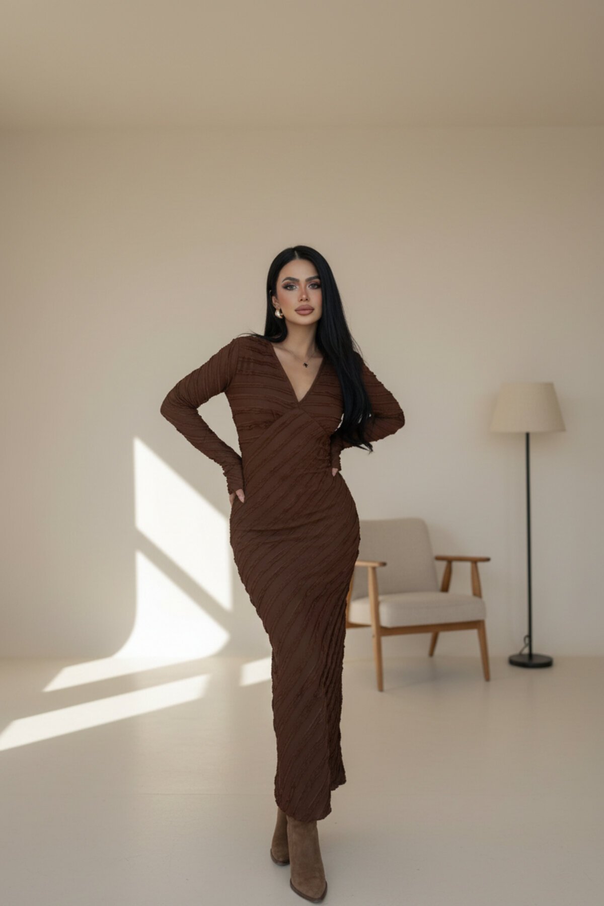 Long V-Neck Reverse Seam Dress - Brown - MOZENA