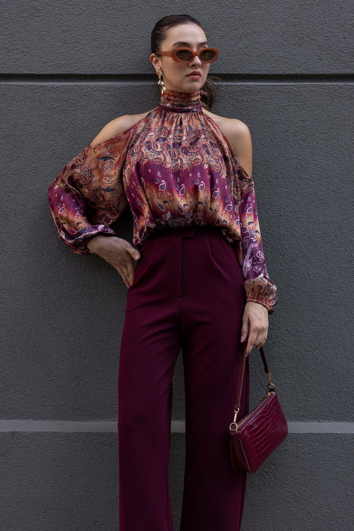 Chiffon Stand-Collar Cutout Blouse - Terracotta Patterned - MOZENA