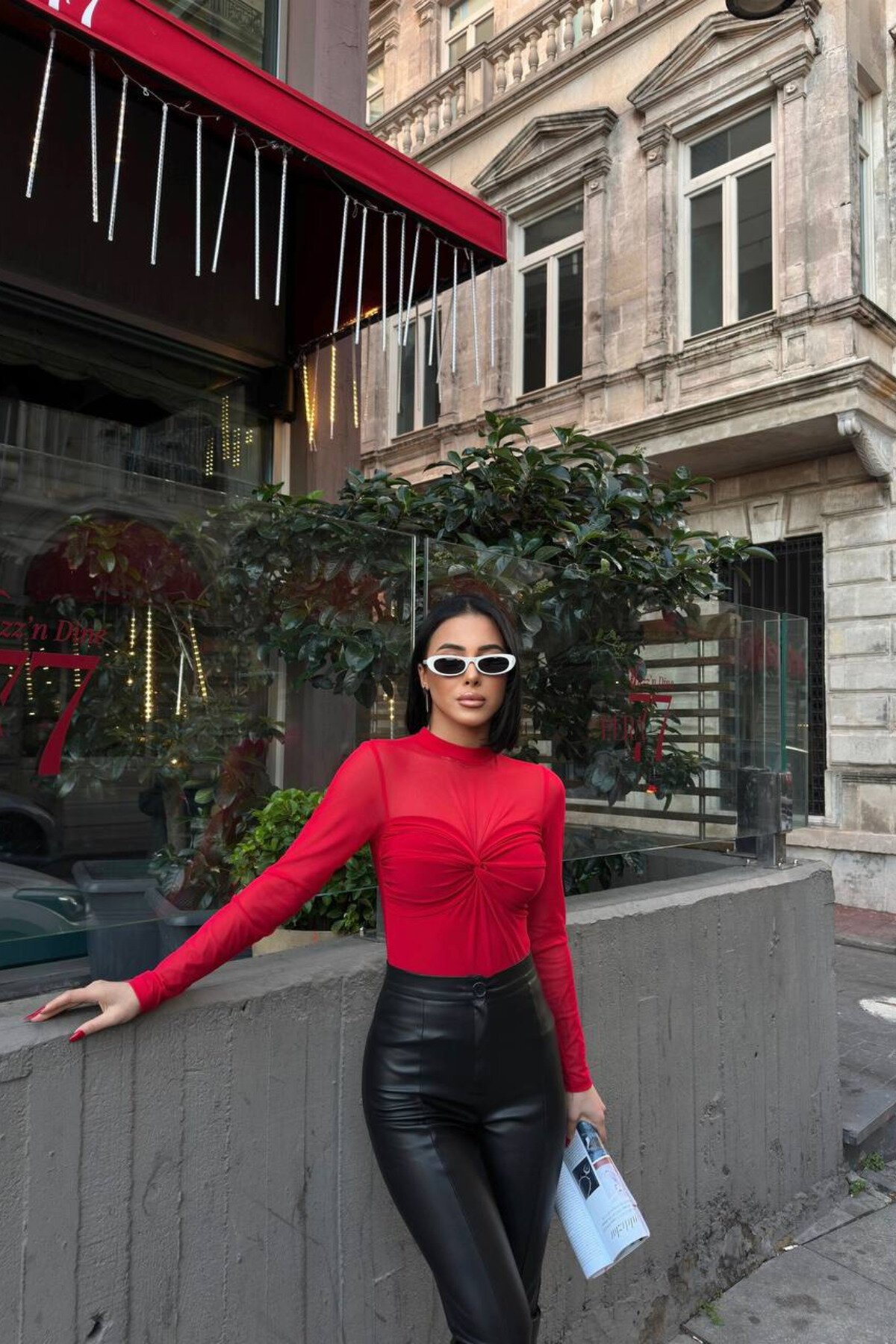 Cropped Tulle Twisted-Front Blouse - Red - MOZENA