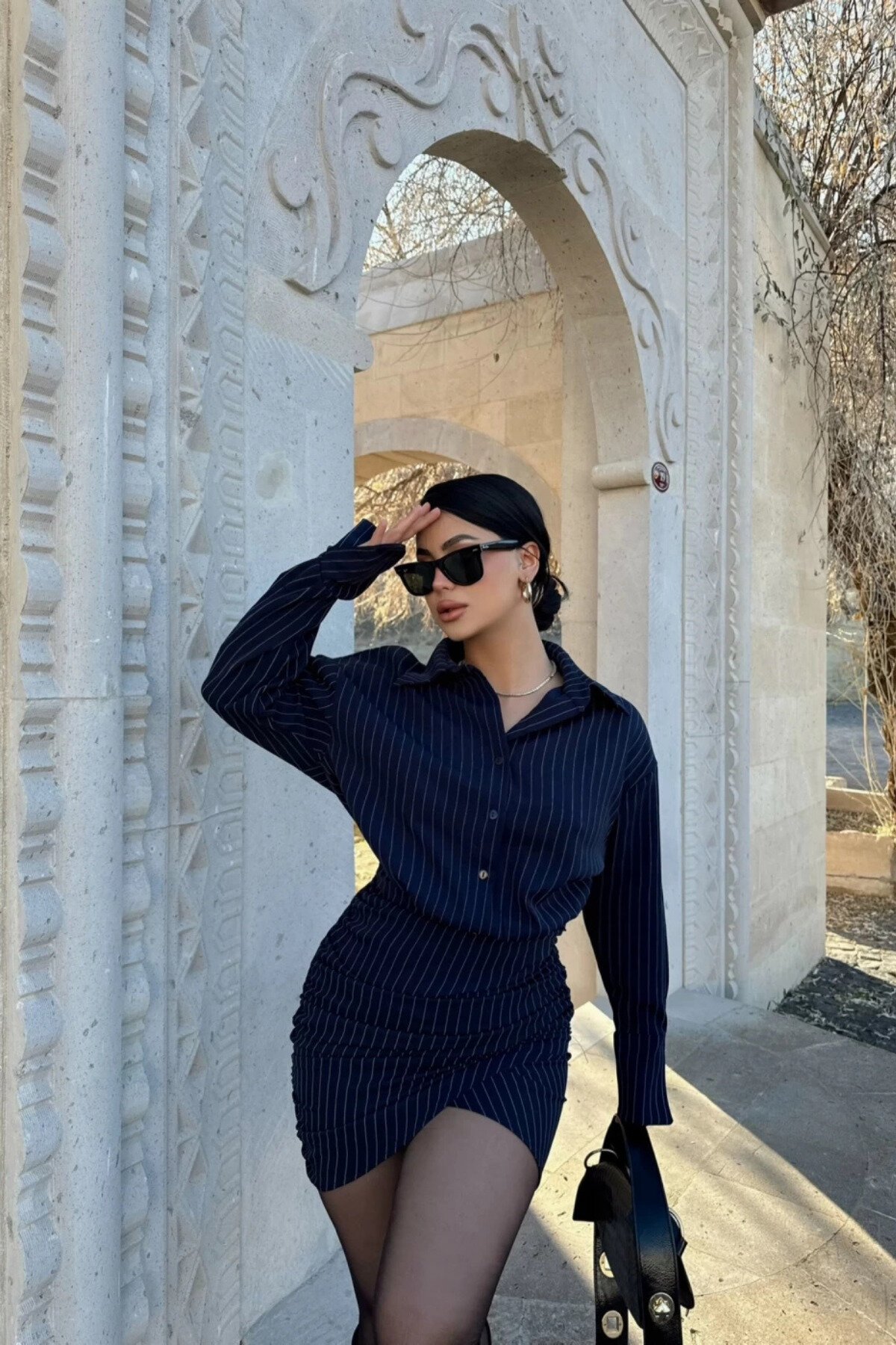 Lacivert Çizgili Mini Gömlek Duble Kumaş Elbise - MOZENA