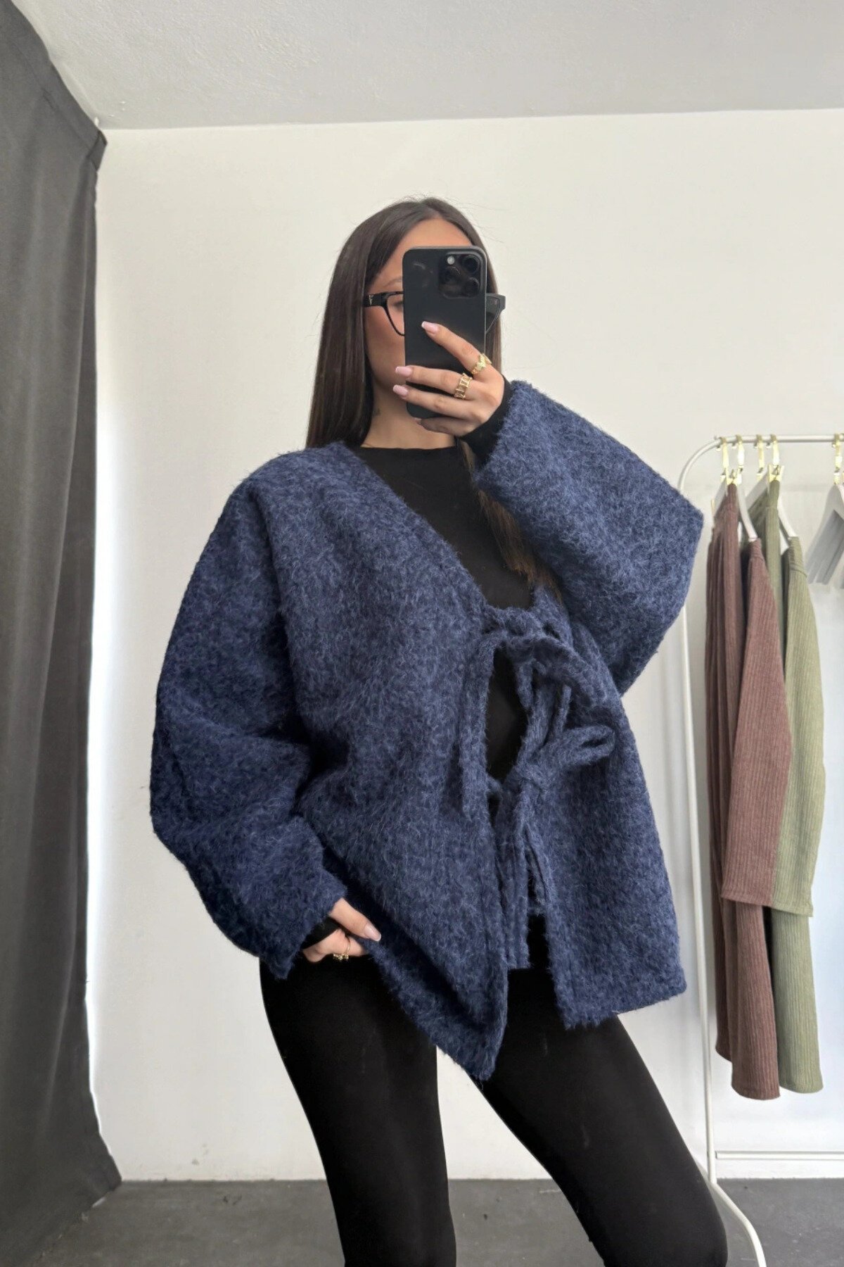 Fringed Bow-Tie Detail Jacket - Navy Blue - MOZENA