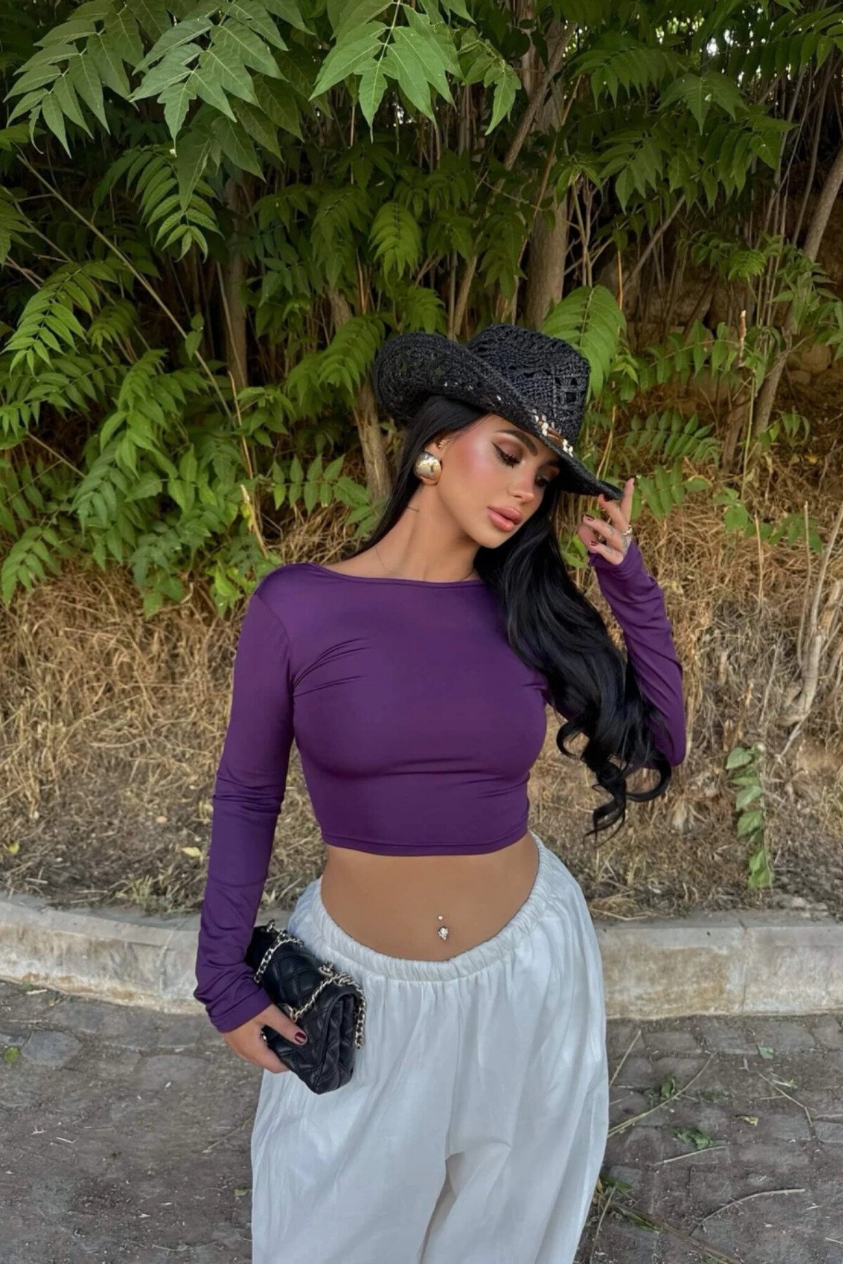 Basic Crop Back Cutout Top - Purple - MOZENA