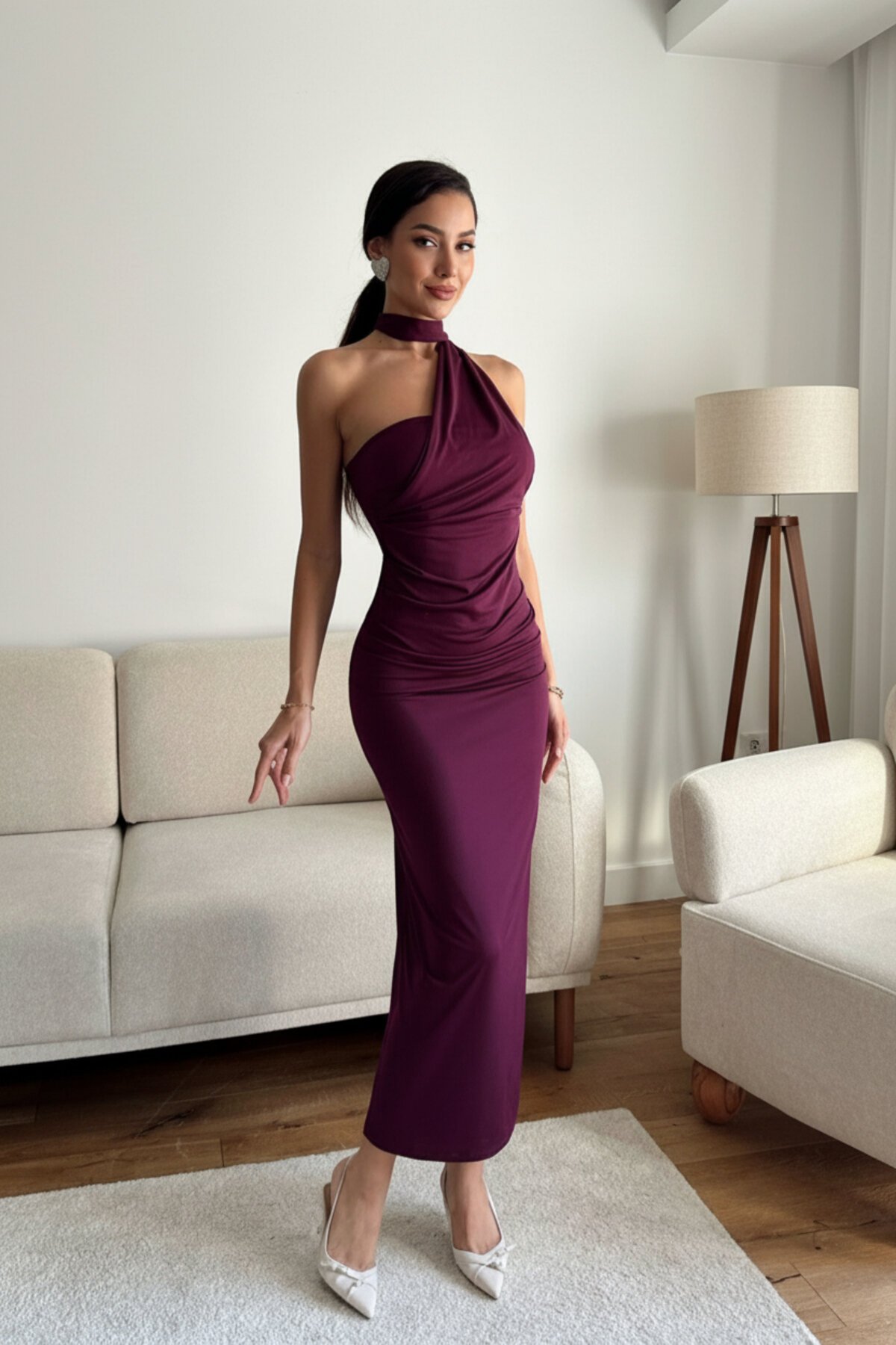 Long Draped Scarf Neck Detail Evening Dress - Plum - MOZENA
