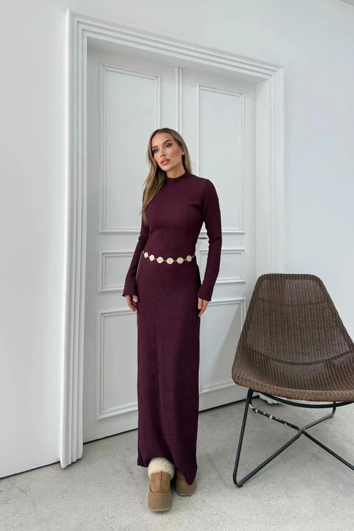 Mürdüm Uzun Ottoman Kumaş Kemerli İspanyol Kol Elbise - MOZENA