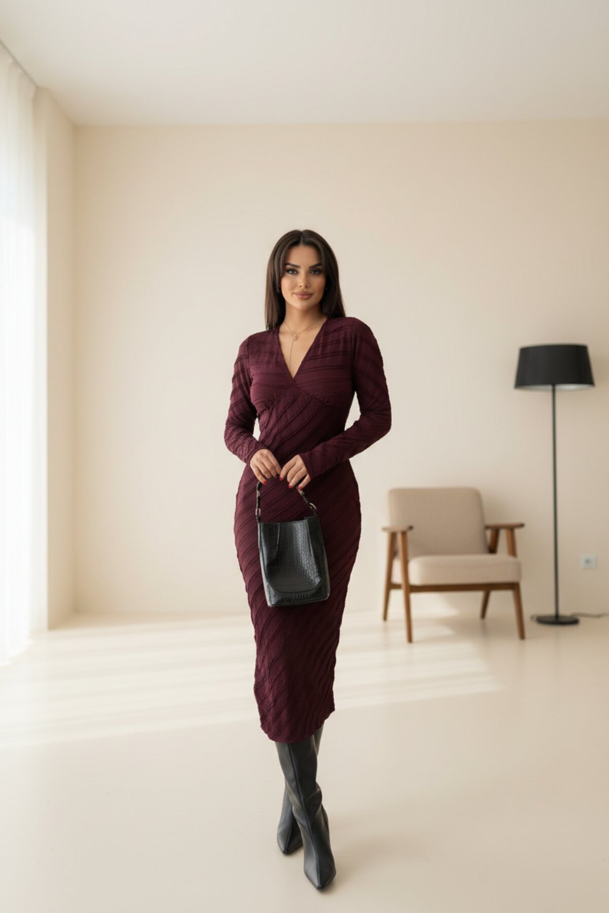 Mürdüm Uzun Ters Dikiş V Yaka Elbise - MOZENA