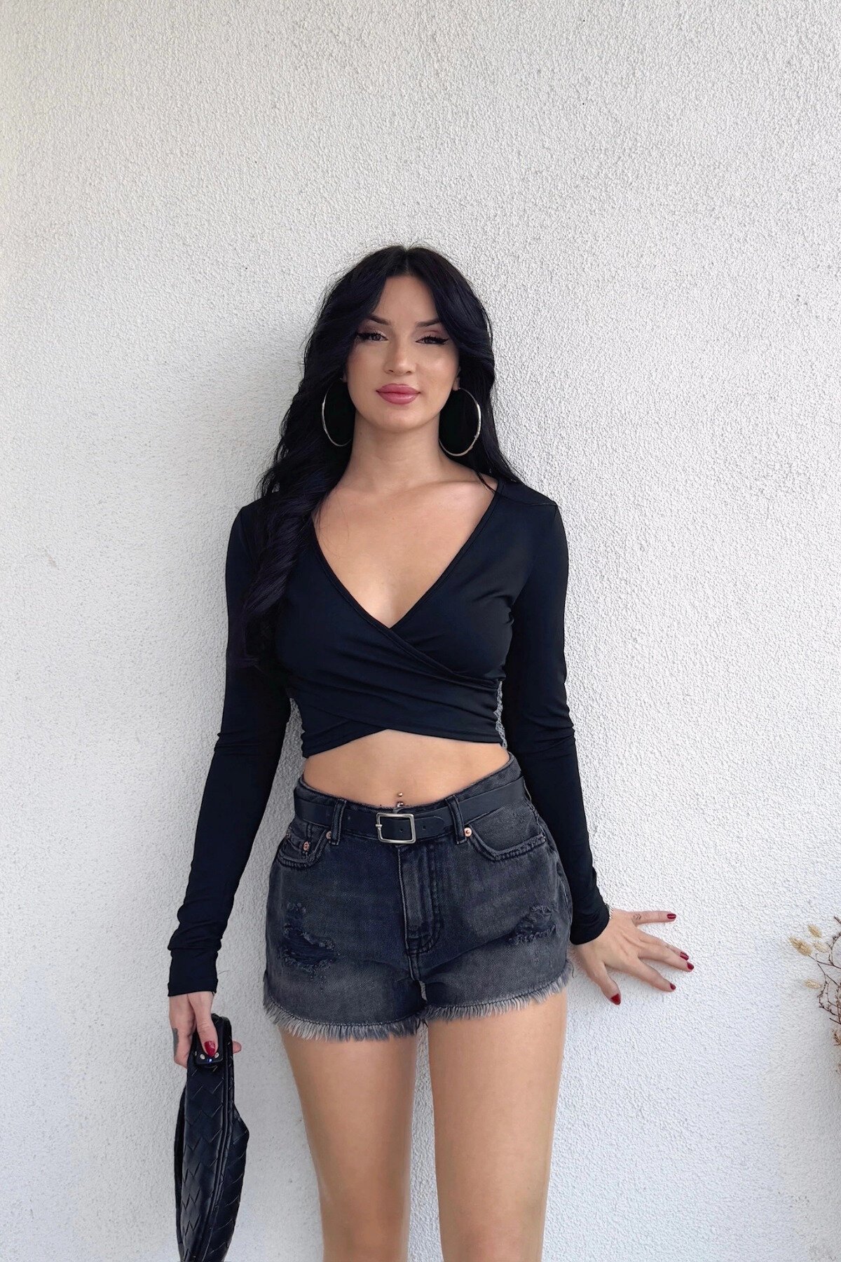 Basic Crop Wrap Neck Scuba Top - Black - MOZENA