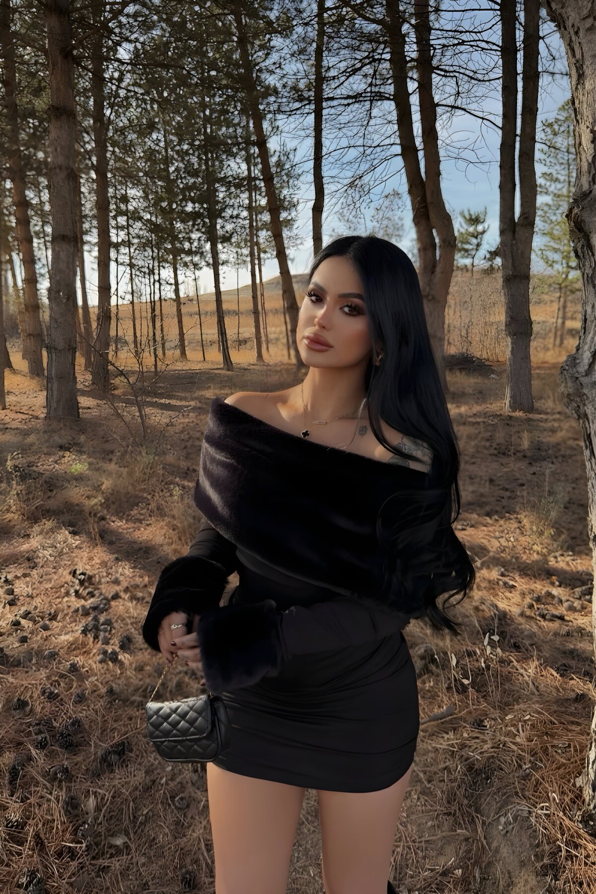 Mini Scuba Off-Shoulder Faux Fur Dress - Black - MOZENA