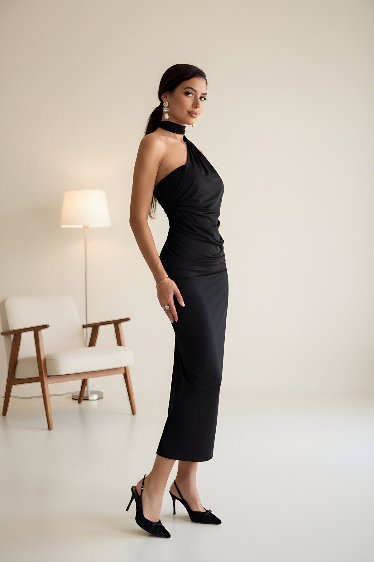 Midi Strapless Draped Neck Scarf Detail Evening Dress - Black - MOZENA