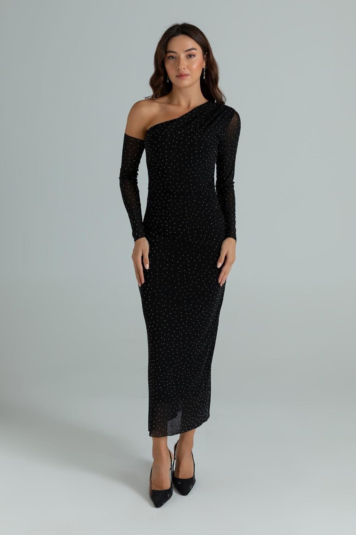 Siyah Midi Tek Omuz Taş Detay Tül Abiye Elbise - MOZENA