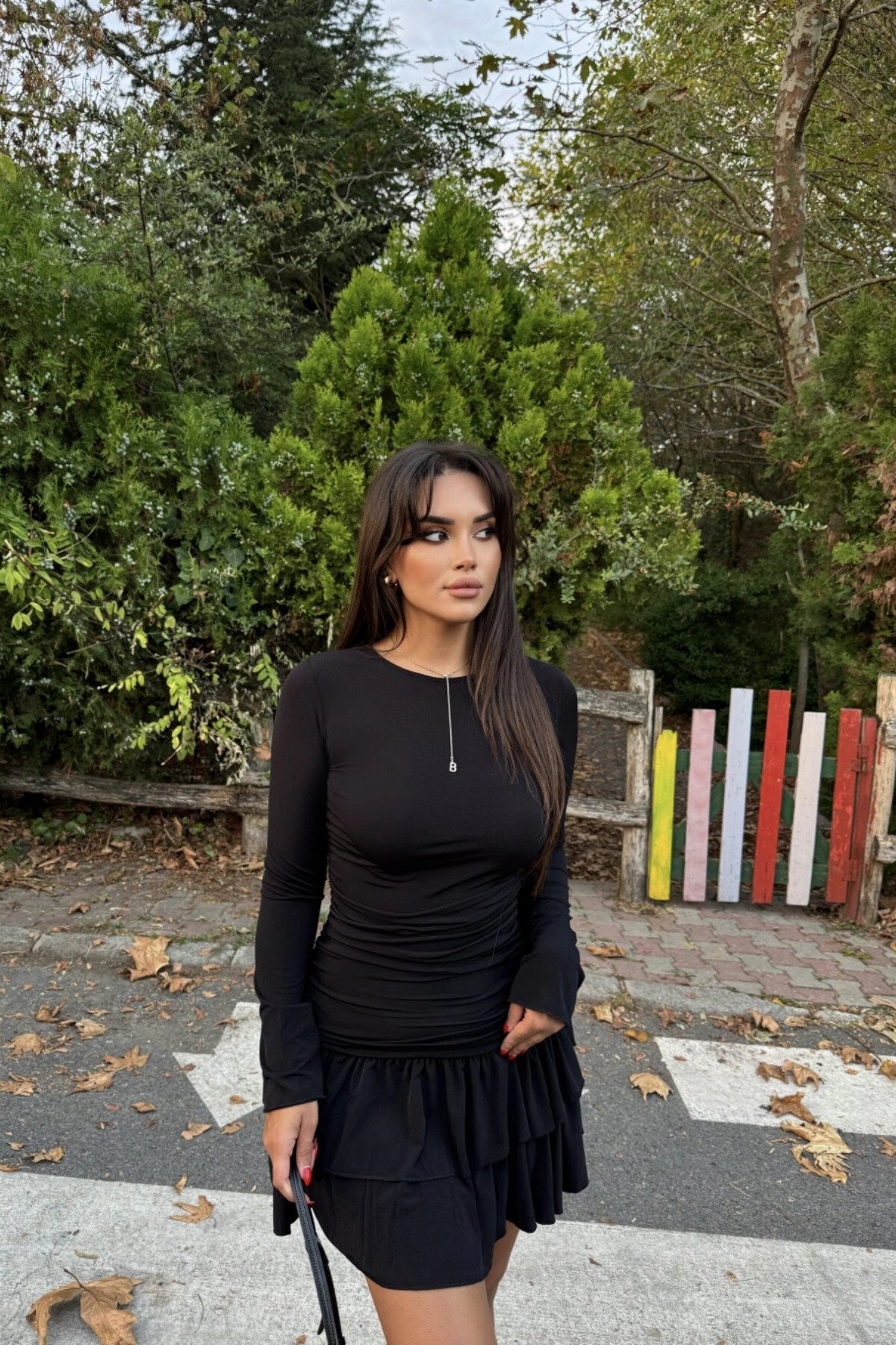 Mini Crew-Neck Ruffled-Hem Dress - Black - MOZENA