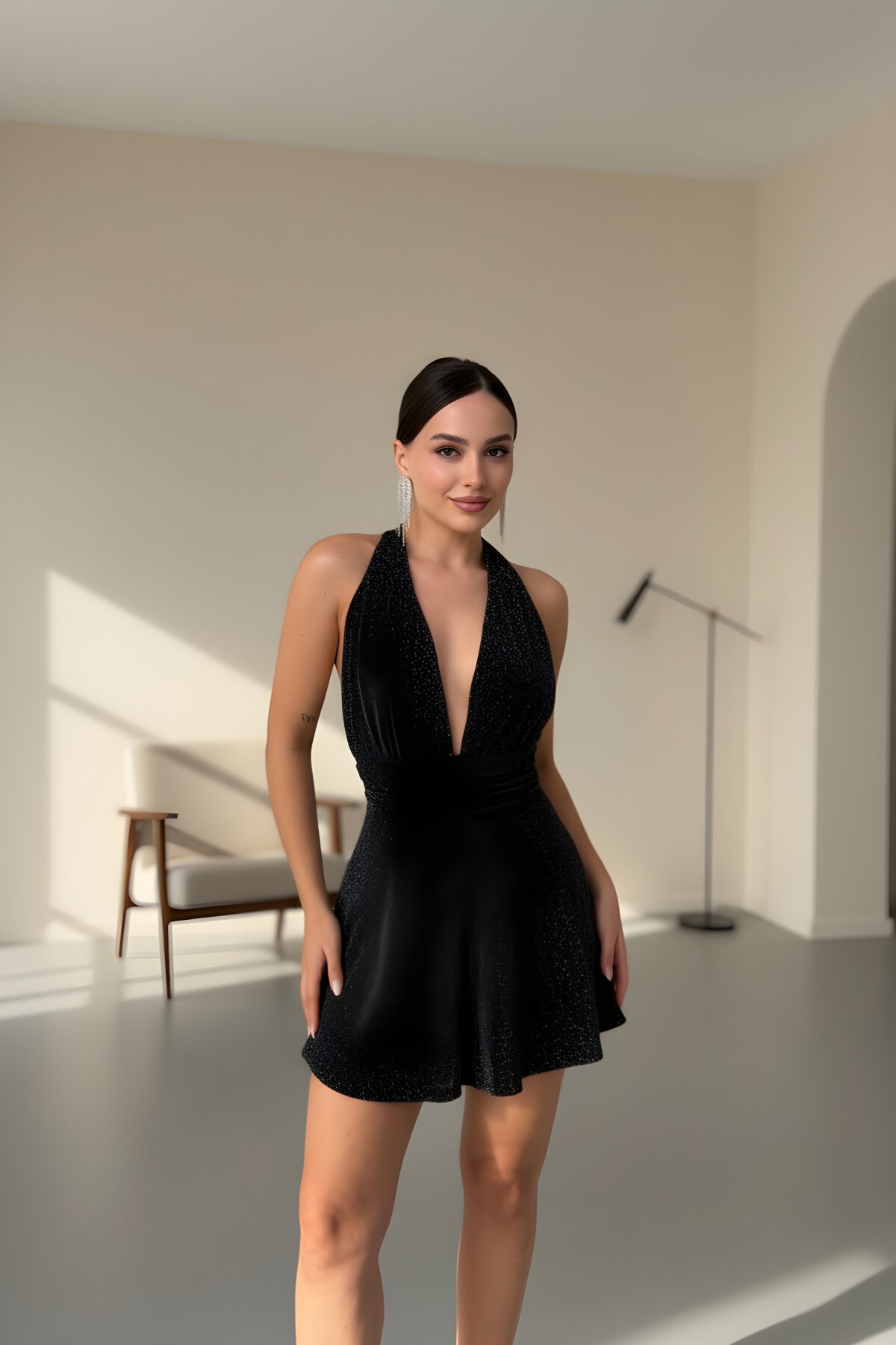 Mini Shimmer Deep Back Halter Evening Dress - Black - MOZENA