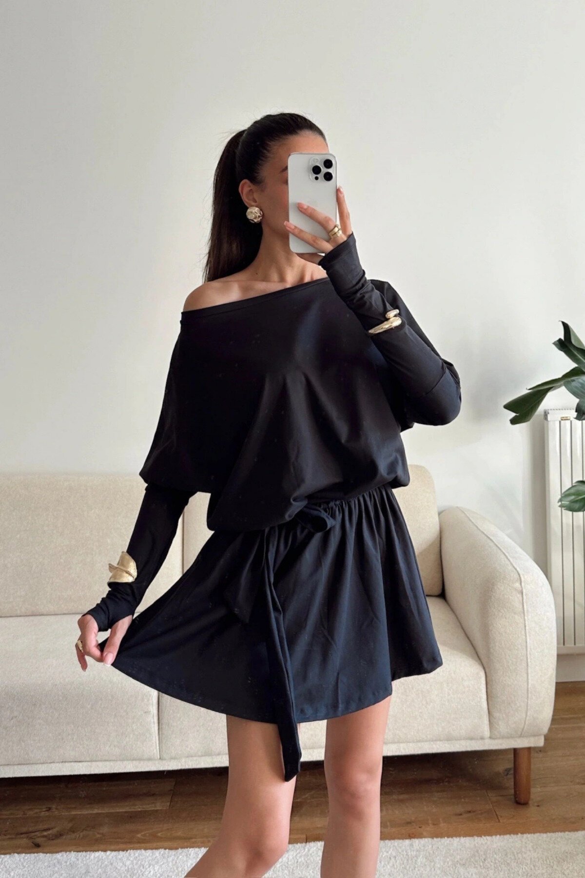 Mini Pleated Boat Neck Built-in Shorts Dress - Black - MOZENA