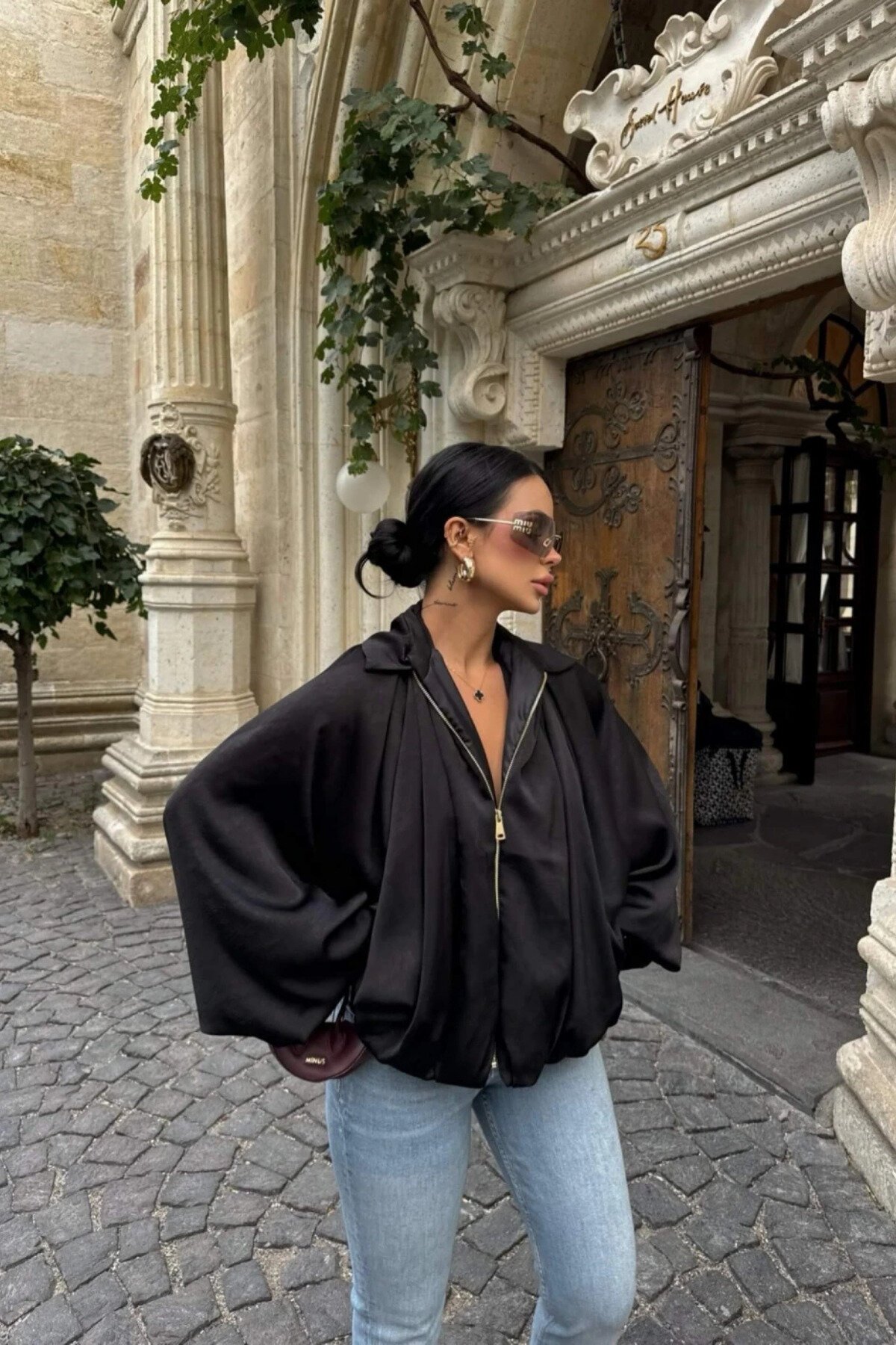 Bomber Satin Batwing-Sleeve Zip-Up Jacket - Black - MOZENA