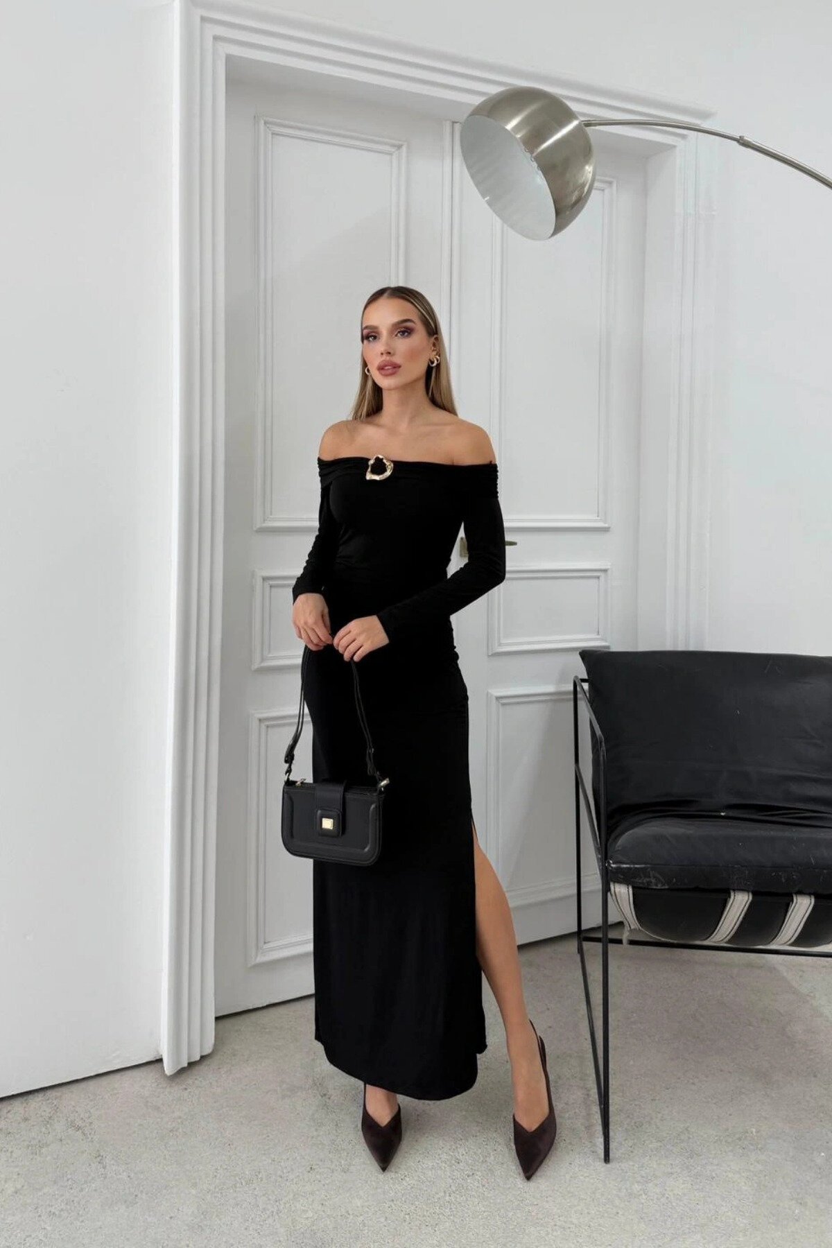 Long Off-Shoulder Slit Dress - Black - MOZENA