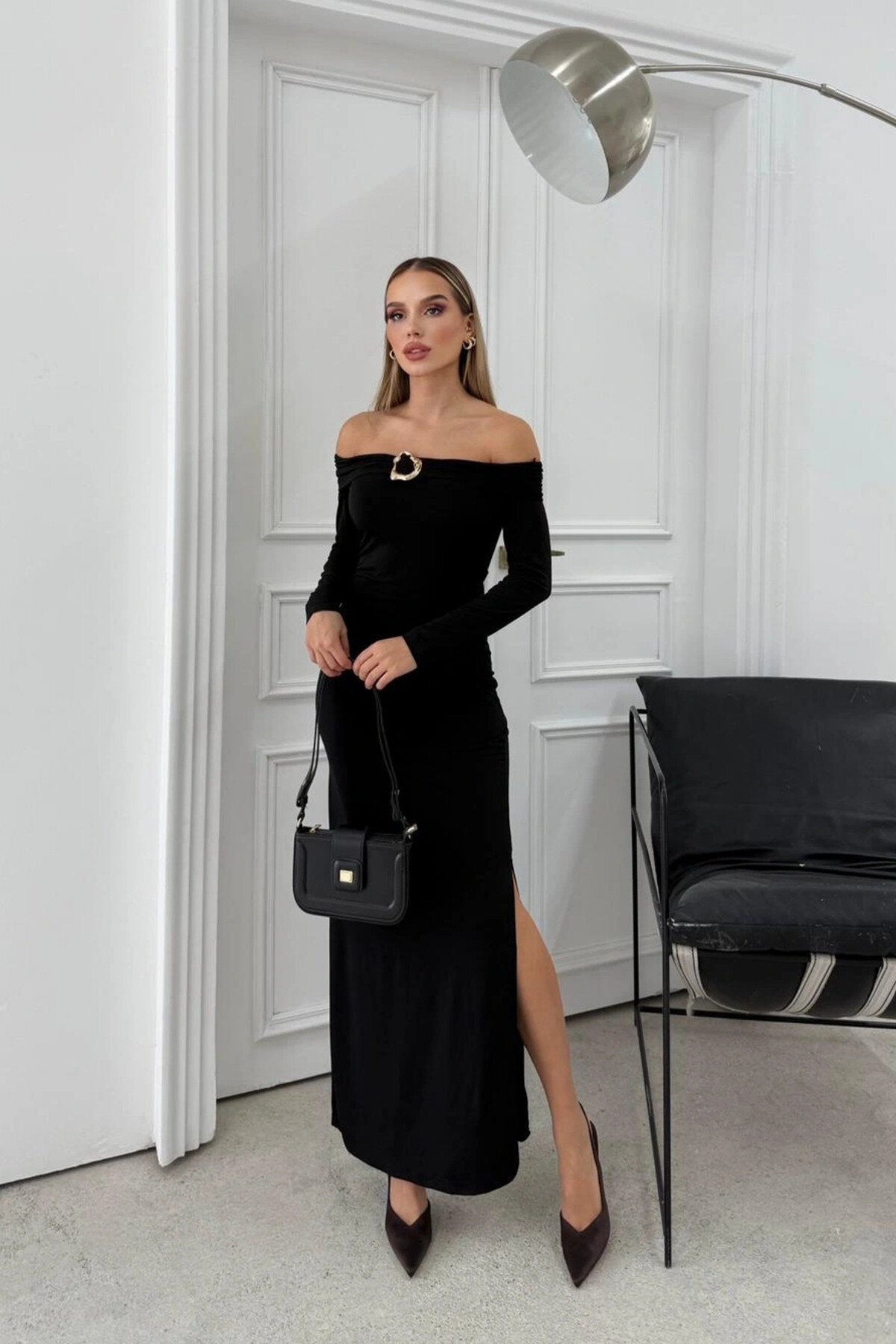 Long Slit Madonna-Neck Accessory-Detail Dress - Black - MOZENA