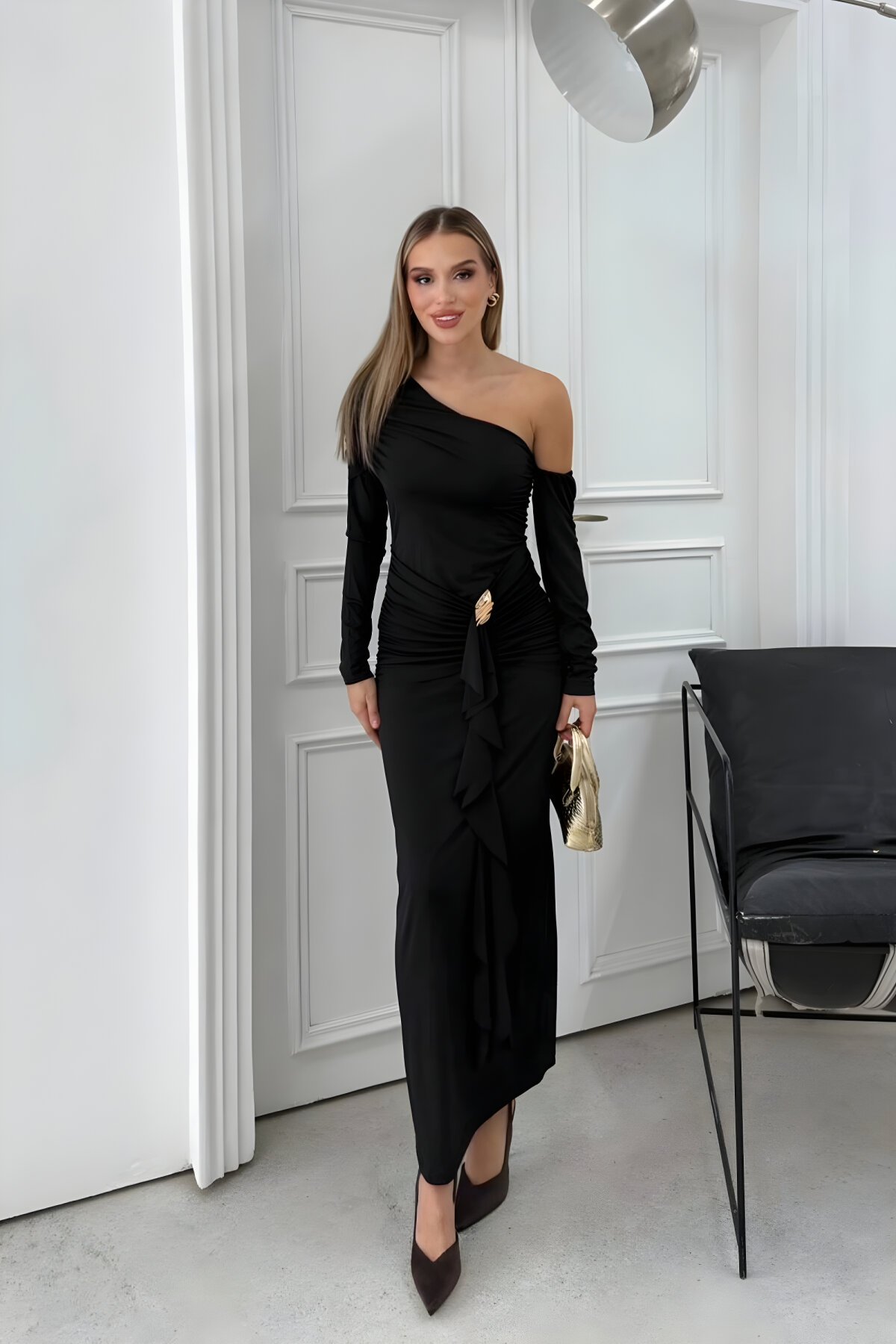Long Ruched One-Shoulder Evening Dress with Accessory Detail - Black - MOZENA