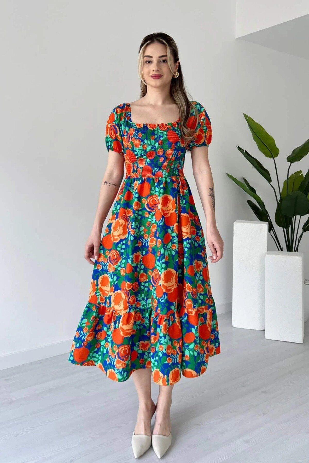 Long Puff Sleeve Floral Print Elasticated Waist Dress - Orange - MOZENA