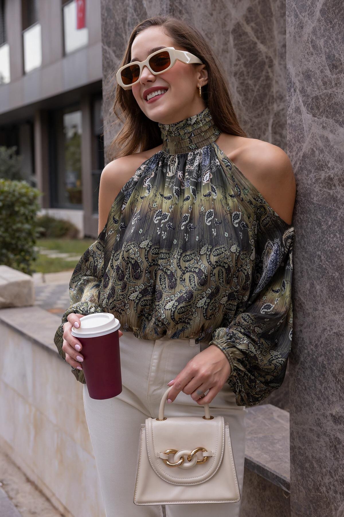 Patterned Chiffon High-Neck Shoulder-Cutout Blouse - Green - MOZENA